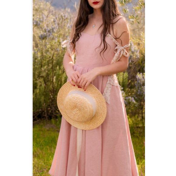 BEDRA Vintage Sz S Small Pale Pink Linen Tie Shoulder Midi Juliet Dress NWT - Picture 11 of 13